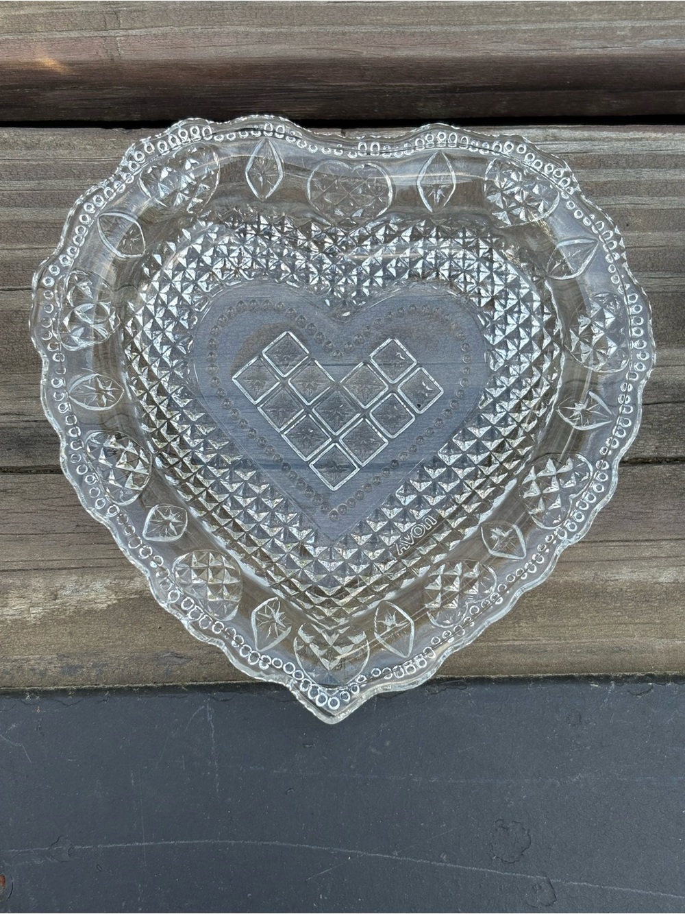 Vintage Avon by Fostoria pressed glass heartshaped trinket dish made around 1978